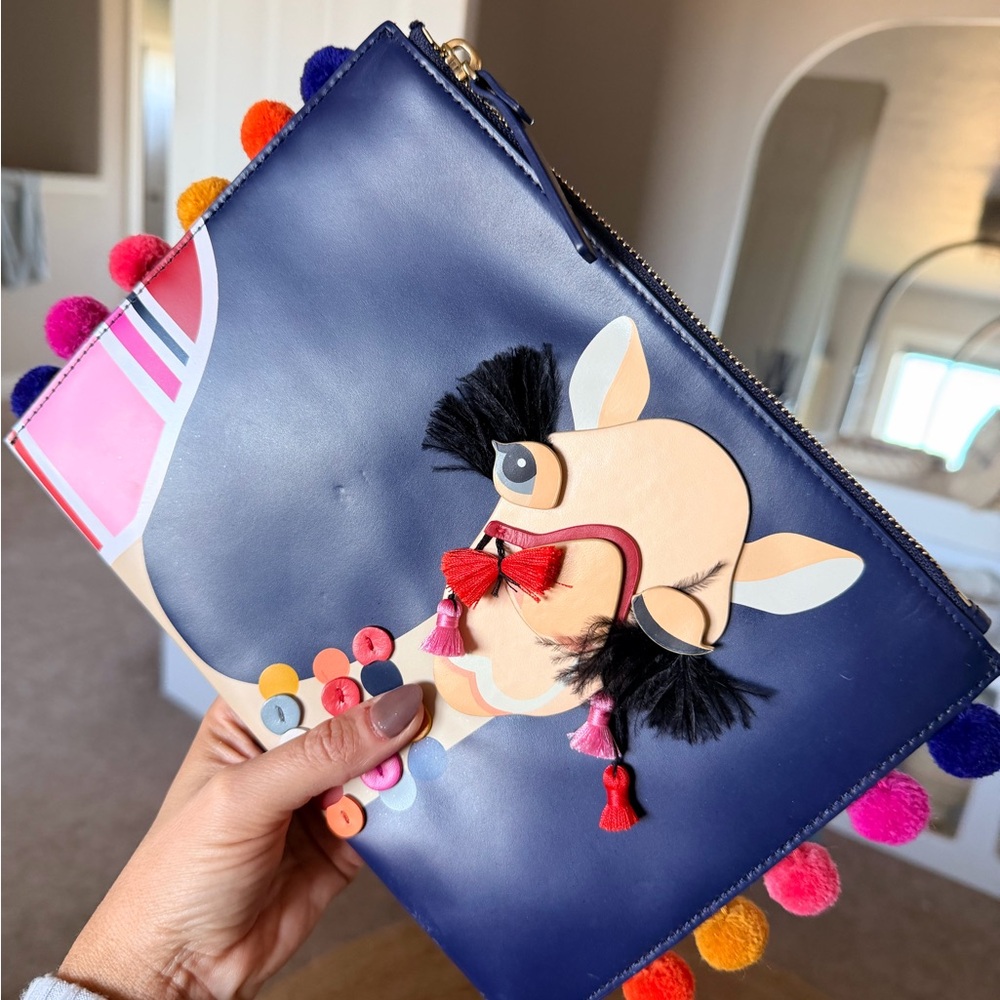 Kate Spade Navy Clutch with Colorful Pom Poms